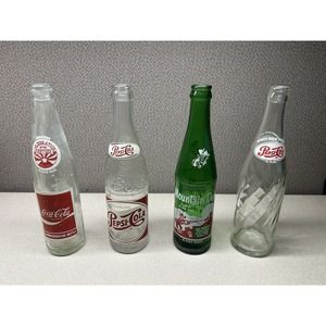 Lot of 4 Vintage Soda Pop Beverage Bottle -includes Mountain Dew, Pepsi Coke